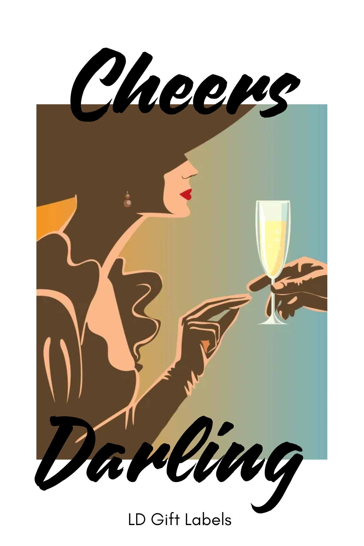 verfijnde giftlabel: 'Cheers Darling'. 💫🥂