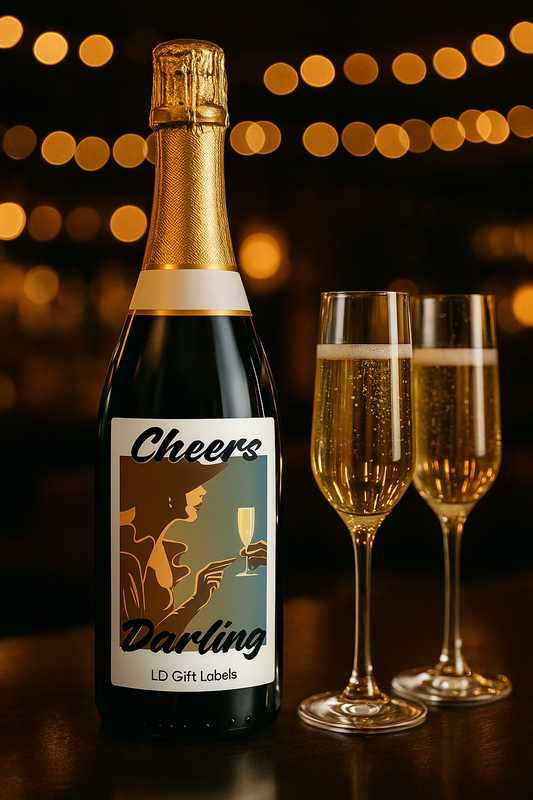 verfijnde giftlabel: 'Cheers Darling'. 💫🥂