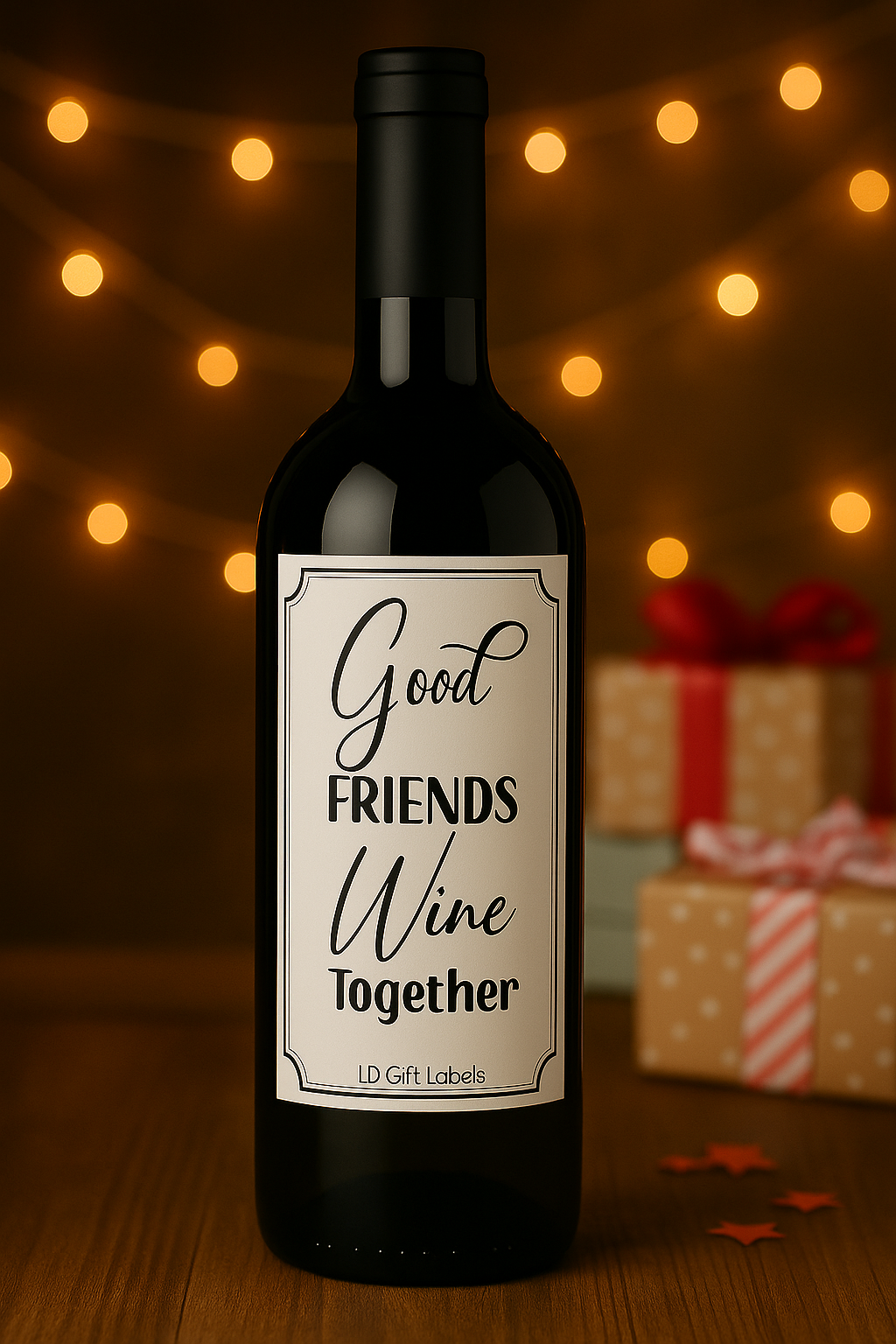 Stijlvolle giftlabel: 'Good Friends Wine Together'.💖✨
