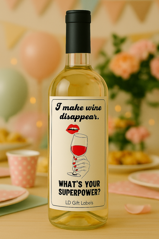 "I Make Wine Disappear – What's Your Superpower?" Wijnlabel 🍷✨