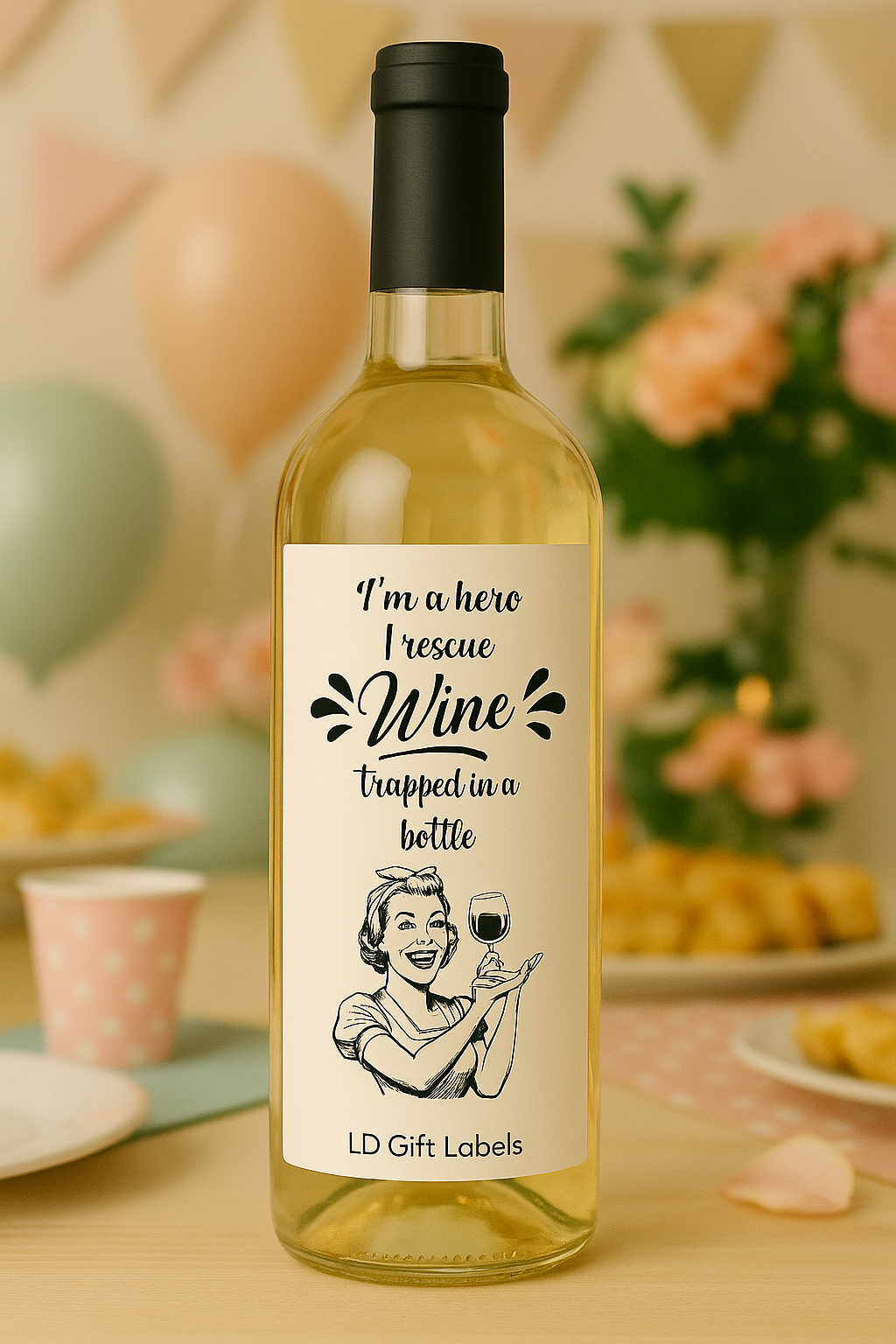 "I'm a Hero – I Rescue Wine Trapped in a Bottle!" Wijnlabel 🍷🦸‍♀️