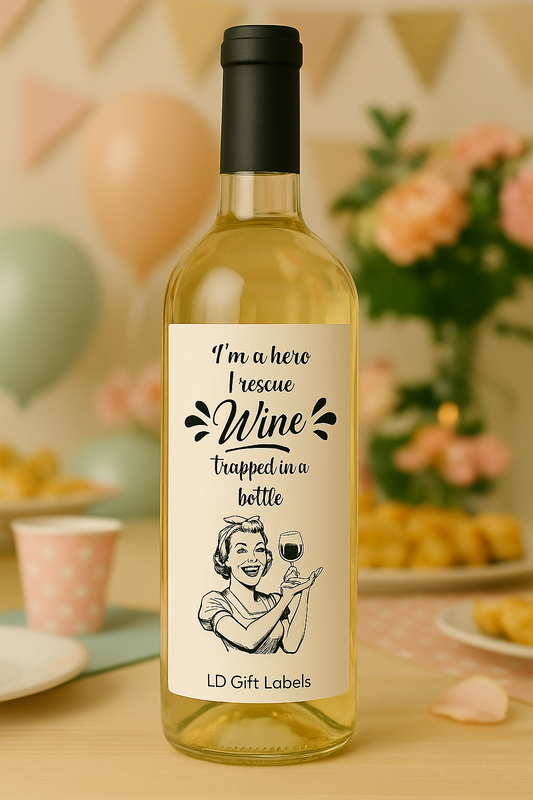 "I'm a Hero – I Rescue Wine Trapped in a Bottle!" Wijnlabel 🍷🦸‍♀️