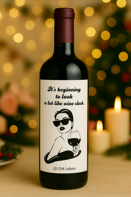 "It's Beginning to Look a Lot Like Wine O'Clock" Trendy label 🕰️🍷✨